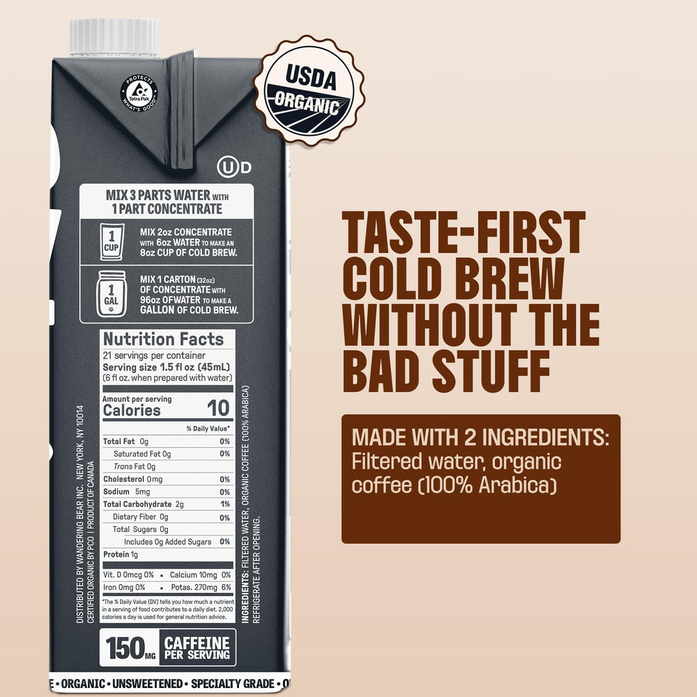 Wandering Bear unsweetened cold brew bottle in fridge for sugar-free energy