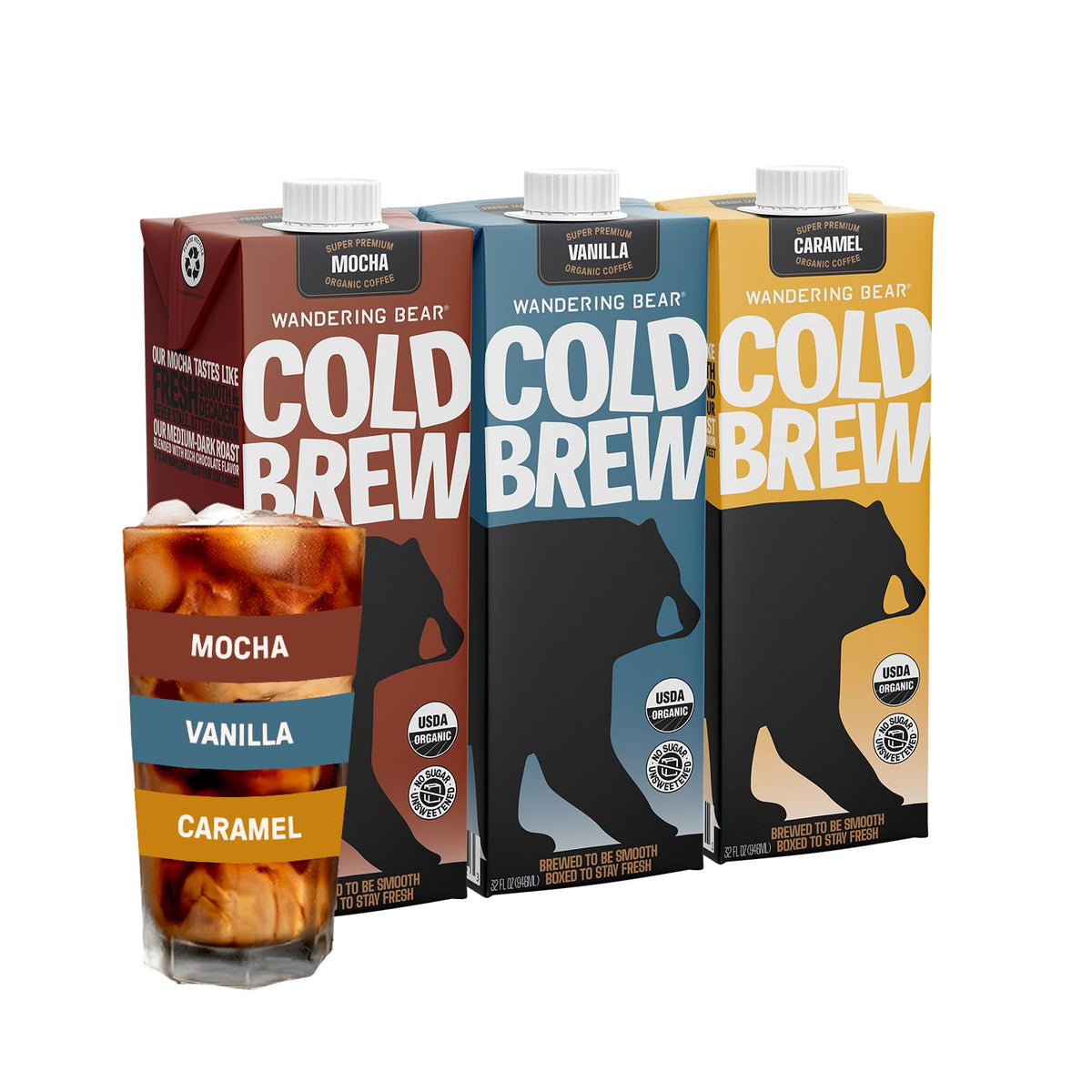 Wandering Bear Vanilla cold brew 32oz carton for a bold, ready-to-drink caffeine lift.
