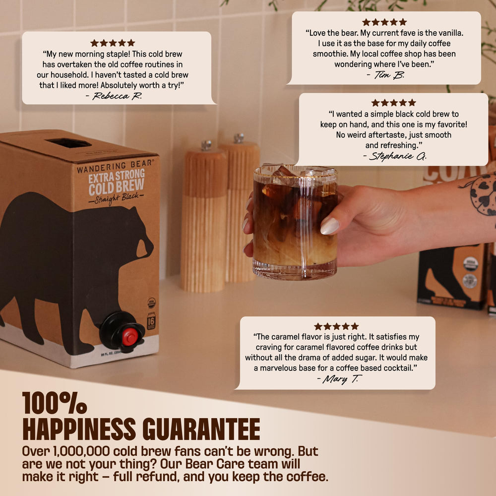 Wandering Bear Vanilla Cold Brew glass with ice showing a refreshing iced coffee