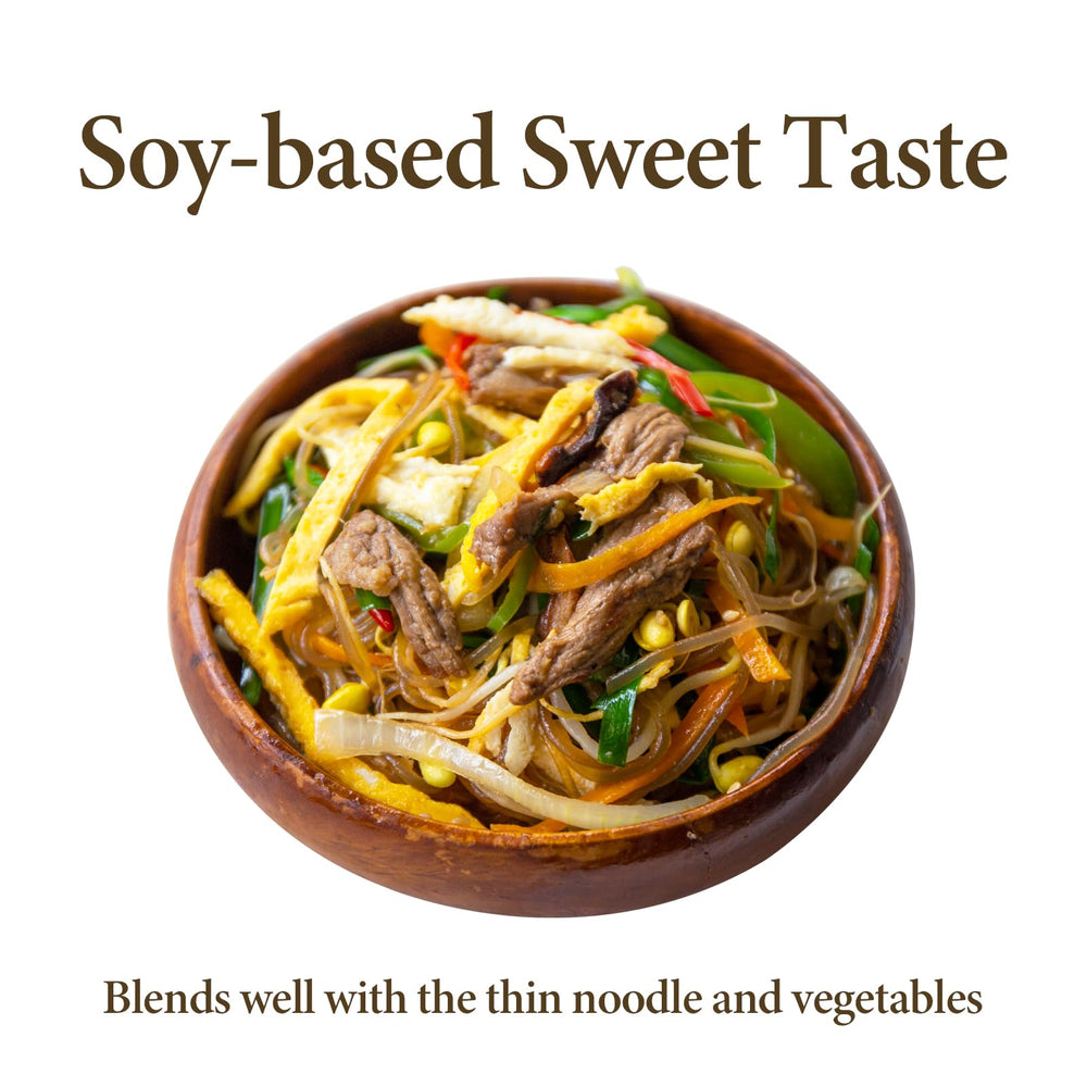 Wang Premium Japchae Sauce jar beside noodles for quick weeknight meals.