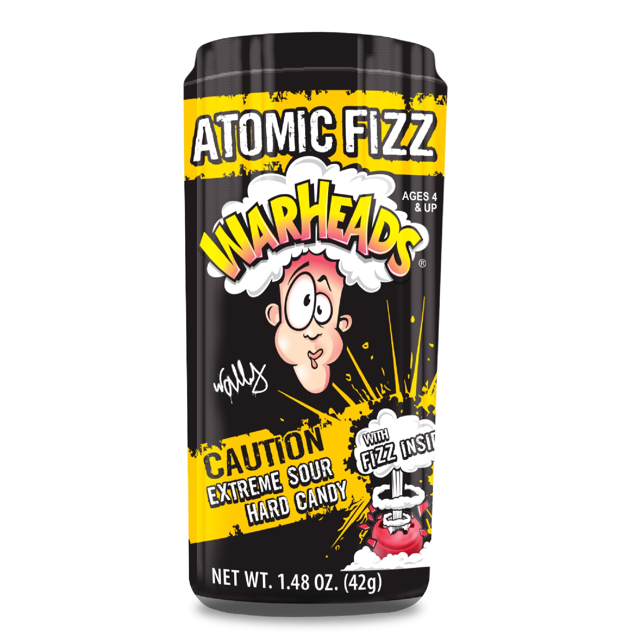 Warheads Atomic Fizz canister front view displaying bold candy storage.
