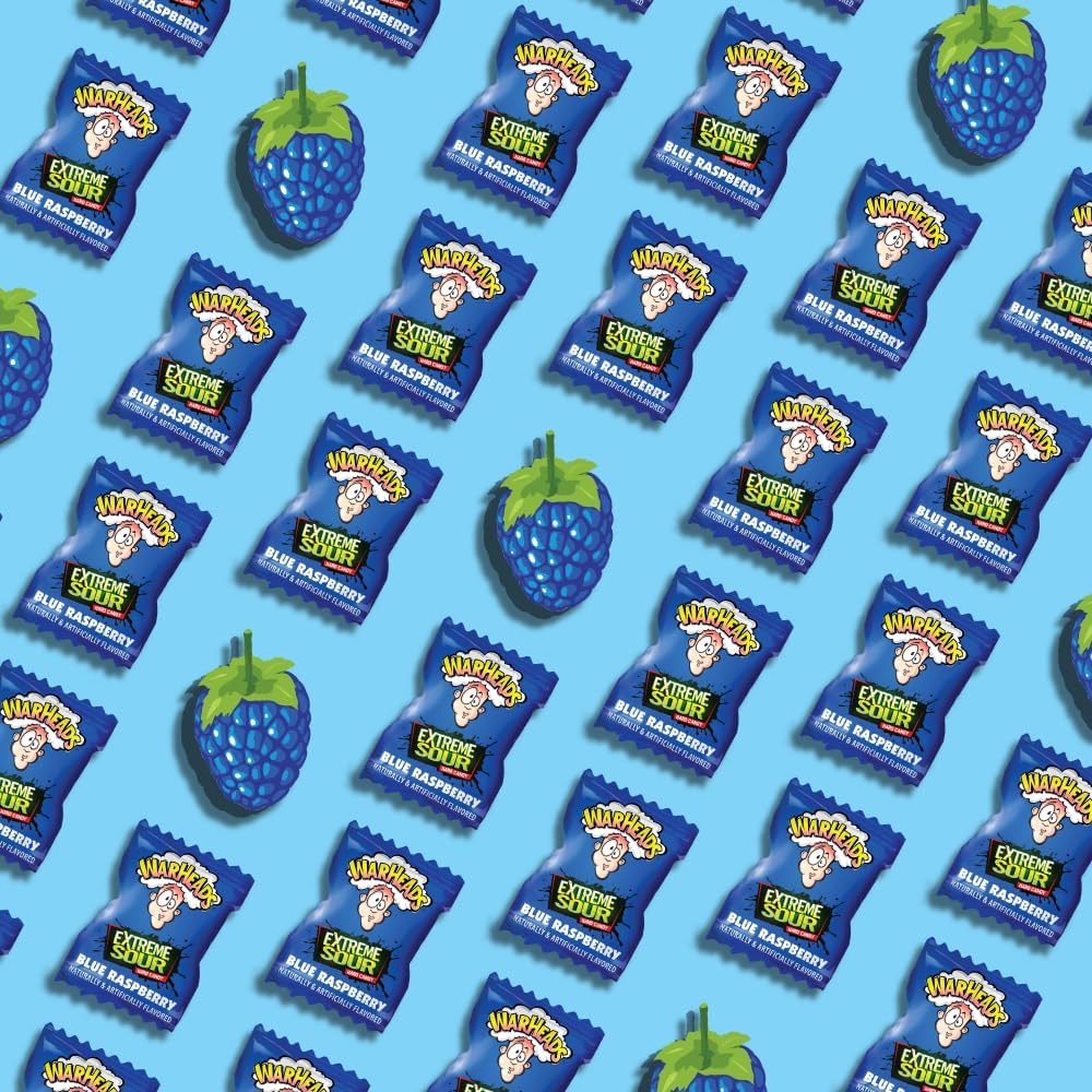 Warheads individually wrapped blue raspberry candies in bulk packaging