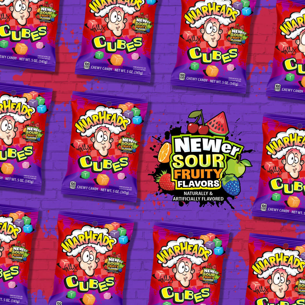 Warheads Cubes blue raspberry close-up, sour-sweet bites ideal for gaming breaks.