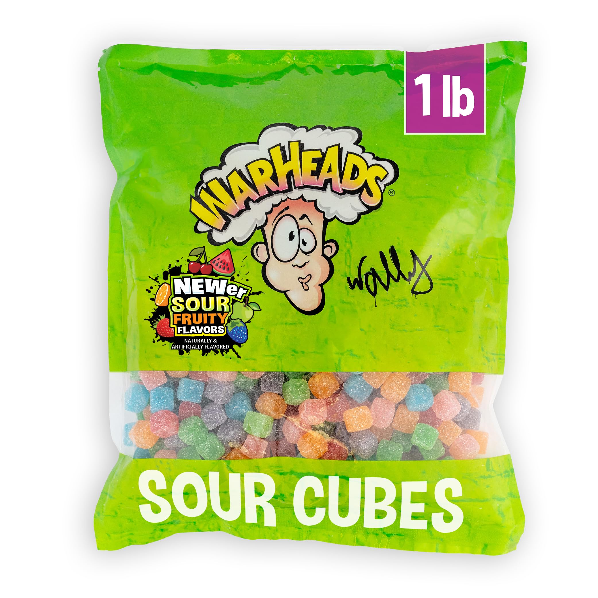 Warheads Cubes orange bag shows tangy, fruity candies for snacking.