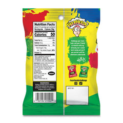 Warheads extreme sour candy pack back view, showing convenient three-pack size.