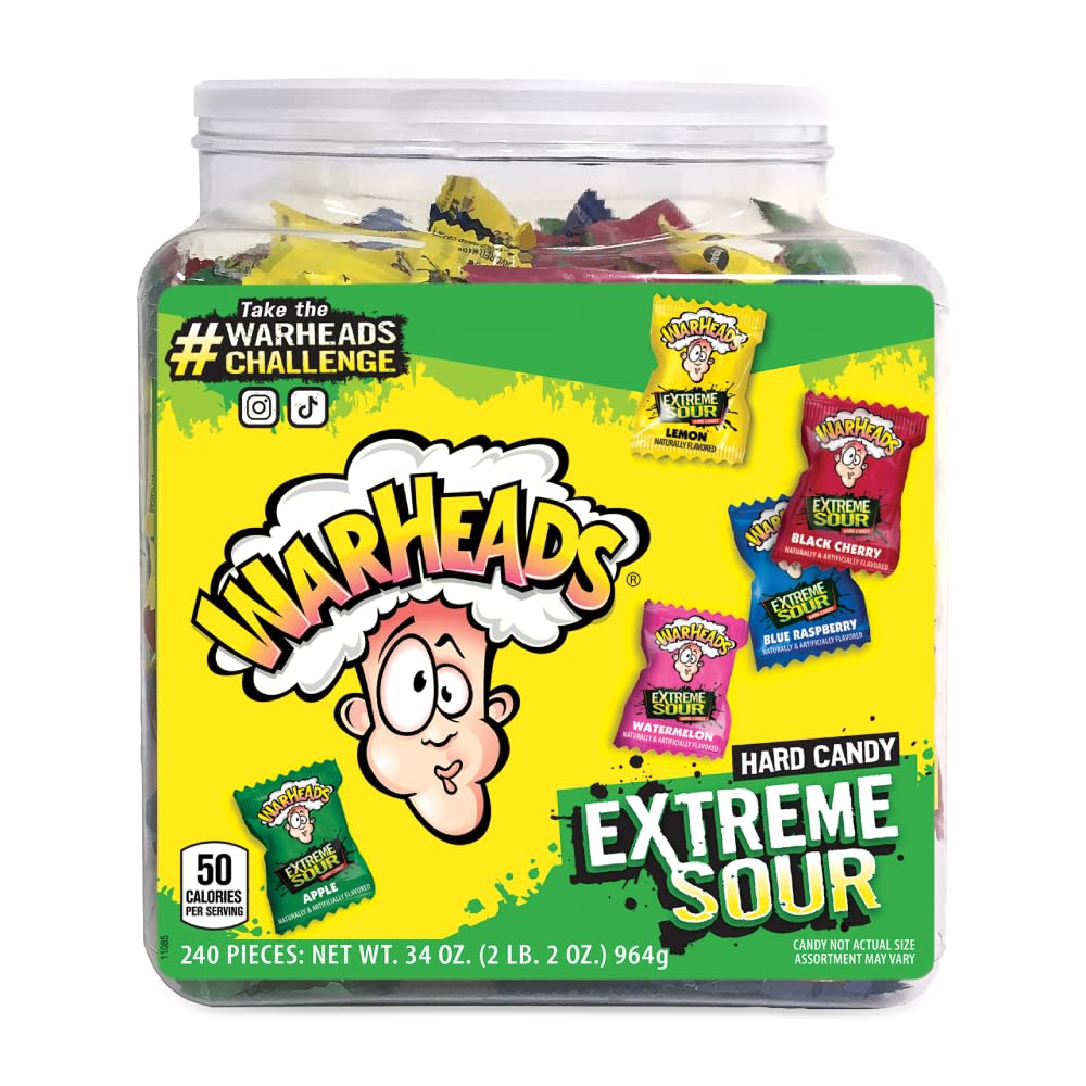 Warheads extreme sour hard candy 34oz tub front label with bold tart flavors.