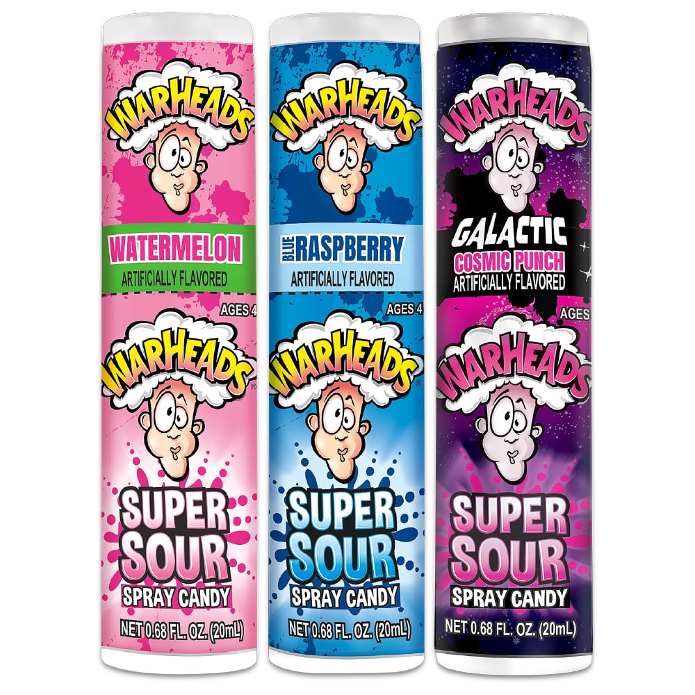 Warheads Super Sour Spray blue raspberry bottle delivers quick tangy flavor boost.