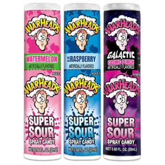 Warheads Super Sour Spray blue raspberry bottle delivers quick tangy flavor boost.