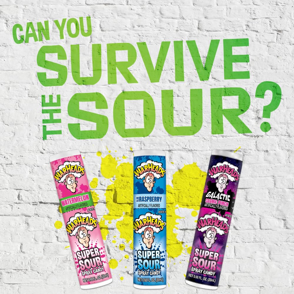 Warheads Super Sour Spray green apple bottle adds bold sour zest for snacking.