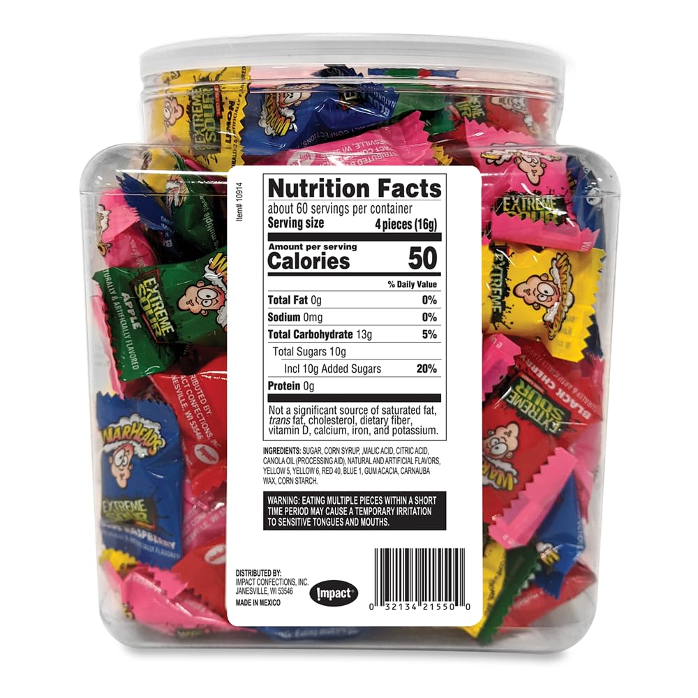 Closeup of Warheads assorted flavors highlighting color variety for snacking.