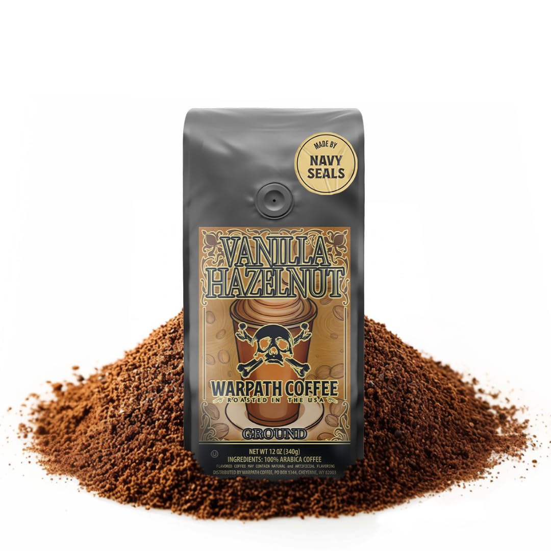 Warpath Light Roast Vanilla Hazelnut ground coffee bag with inviting aroma and bold flavor.