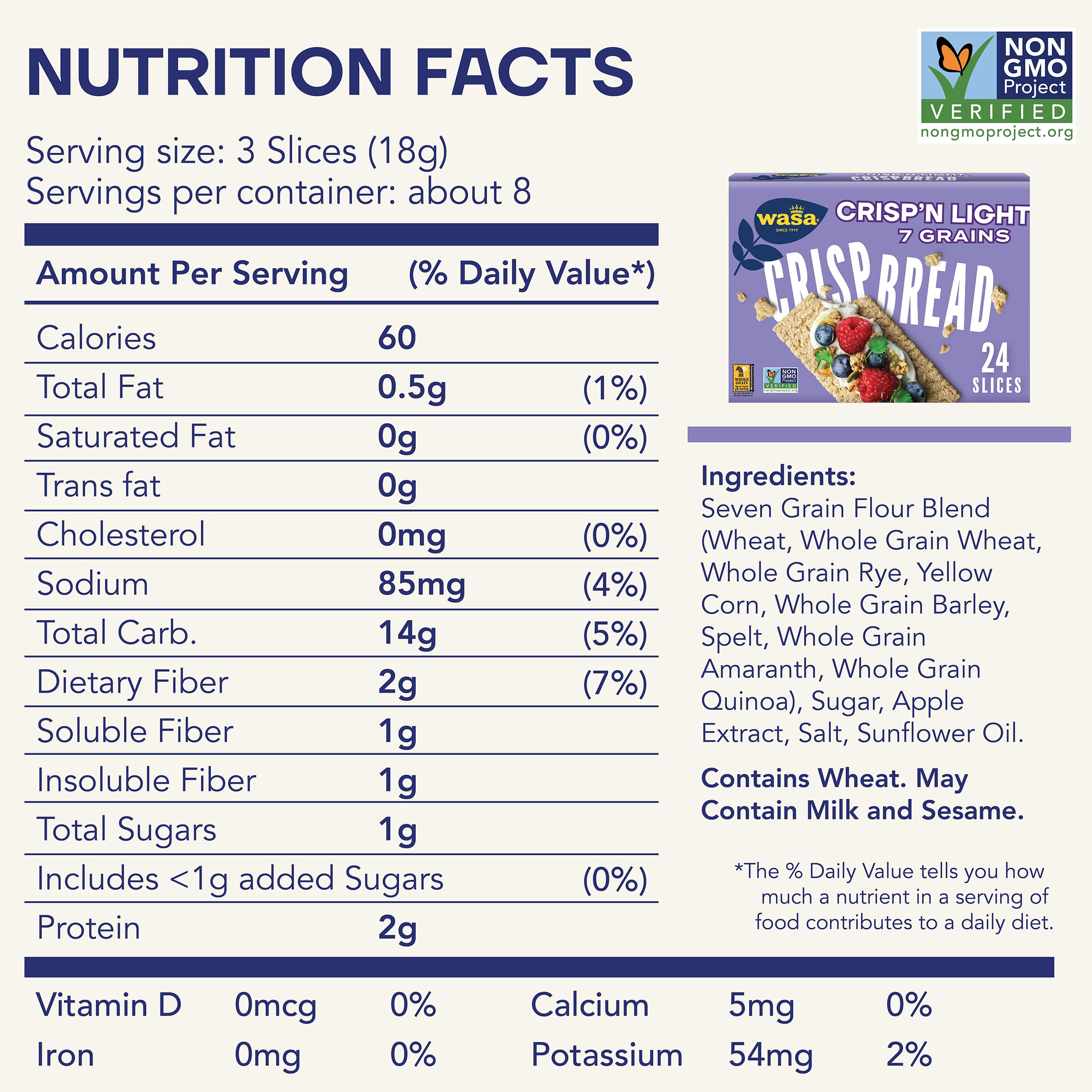Wasa Crisp’n Light 7 Grains ingredients close-up highlighting Non-GMO base for clean toppings.