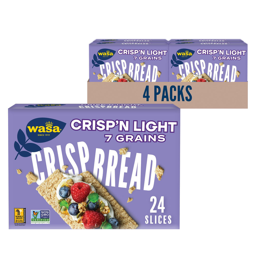 Wasa Crisp’n Light 7 Grains crispbread pack front for easy snacking and topping versatility.