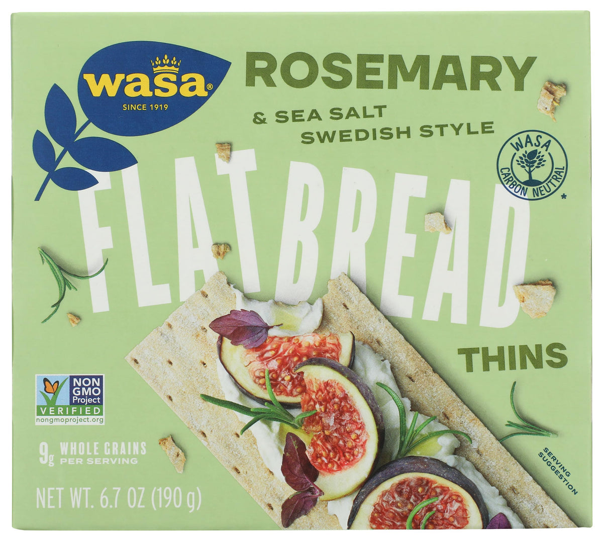 Wasa flatbread thins pack view highlights crisp texture and rosemary aroma.