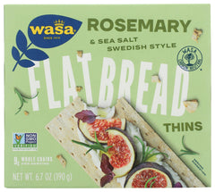 Wasa flatbread thins pack view highlights crisp texture and rosemary aroma.