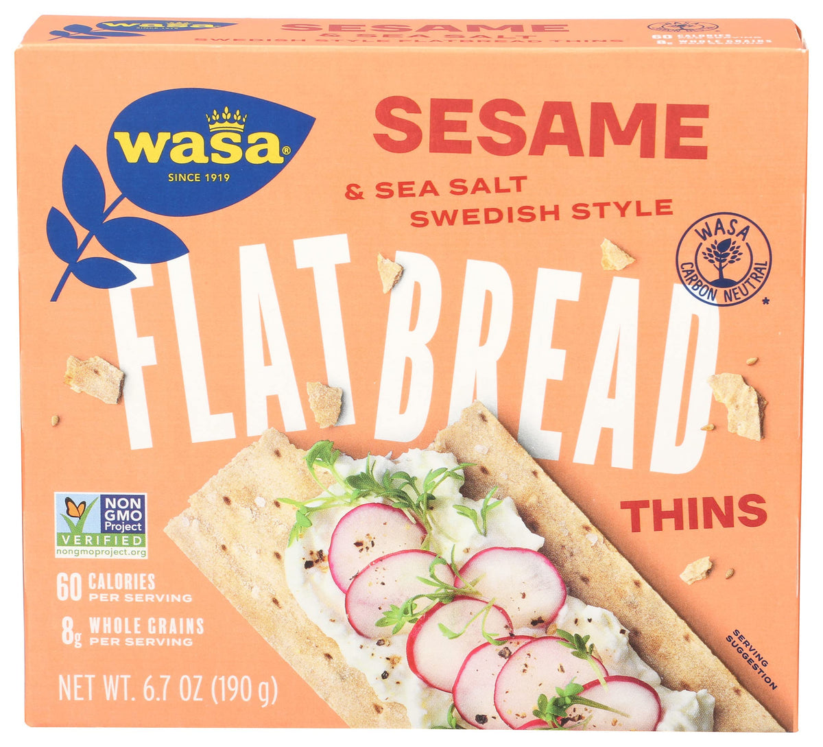 Wasa Flatbread Thins sesame sea salt pack offers crisp, flavorful on-the-go snacking.