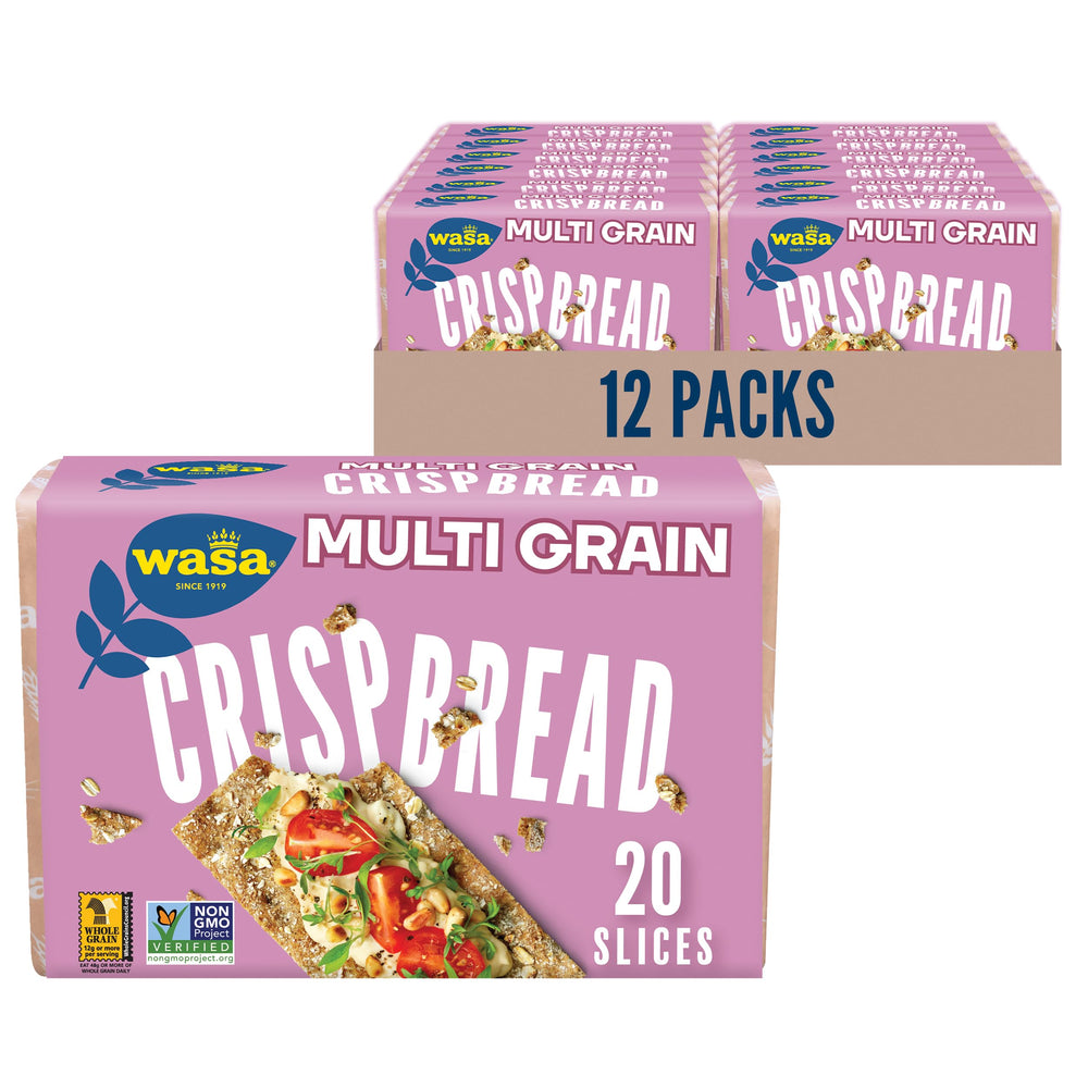 Wasa Multi Grain Crispbread pack of 12 on shelf, ready for snacking.