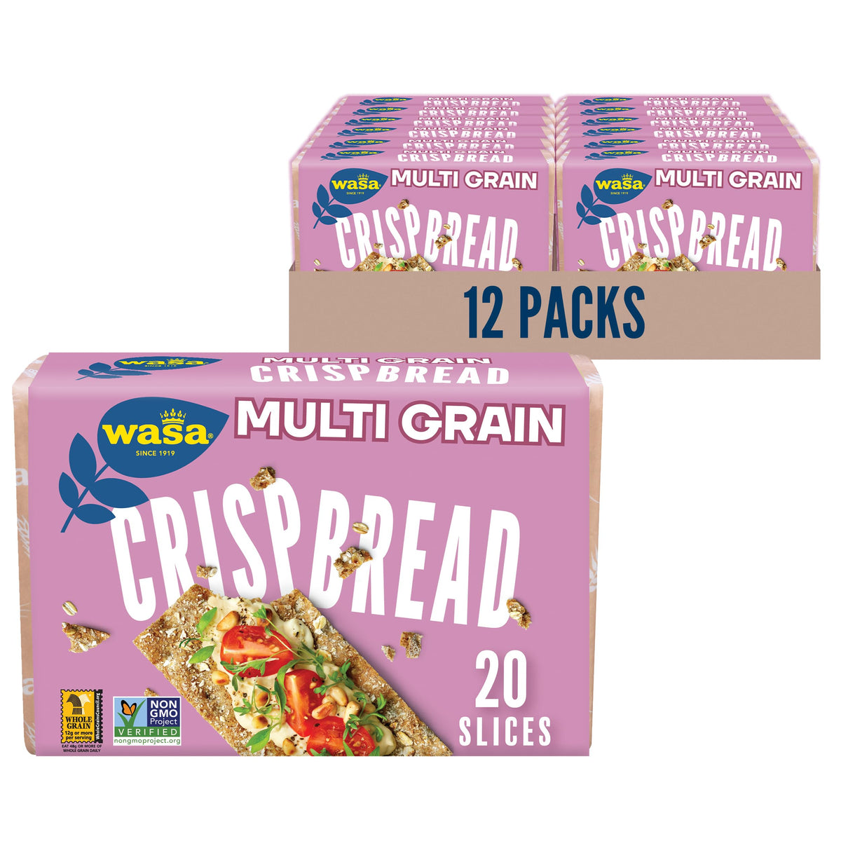 Wasa Multi Grain Crispbread pack of 12 on shelf, ready for snacking.