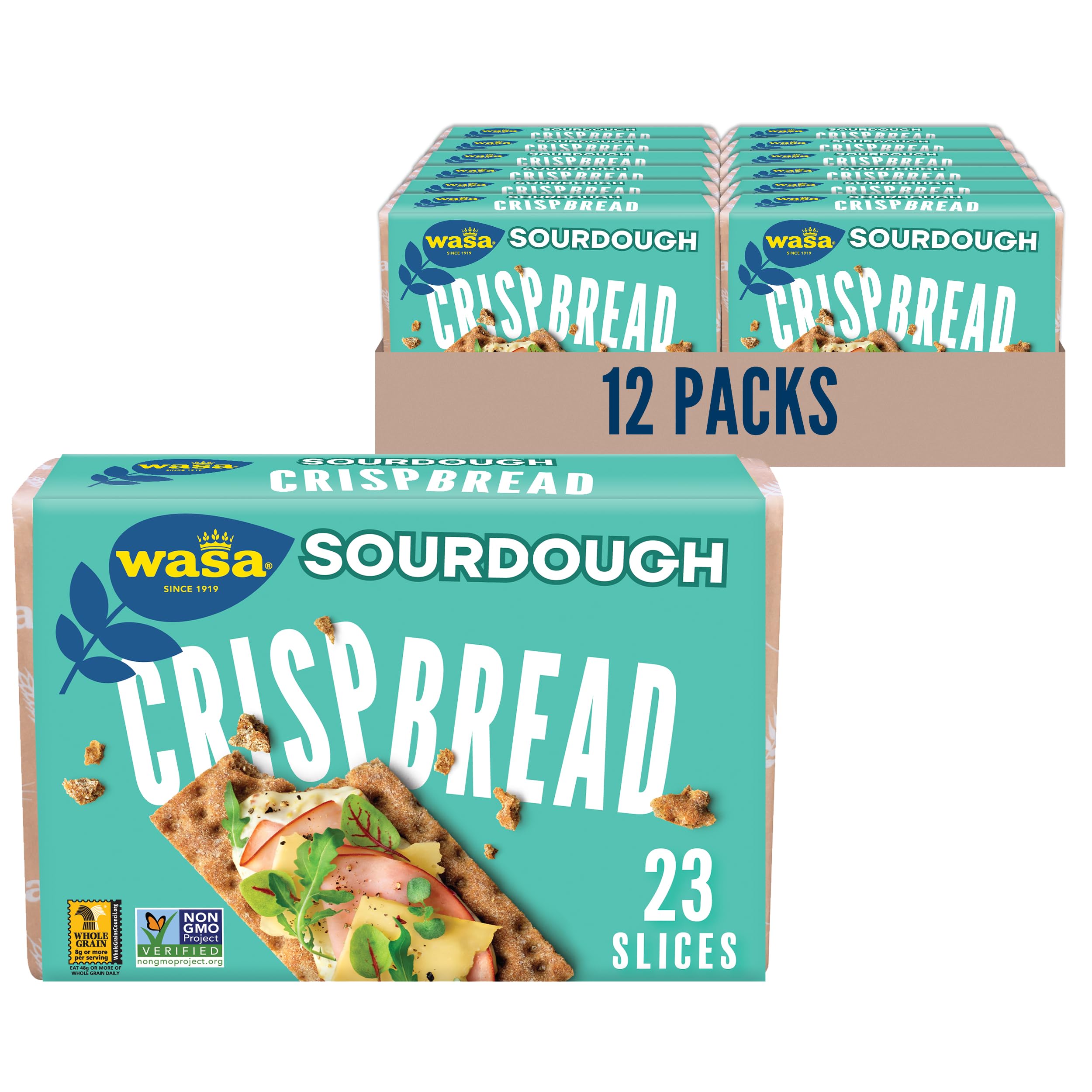 Wasa Sourdough Crispbread pack on shelf showing 12-count box for versatile toppings