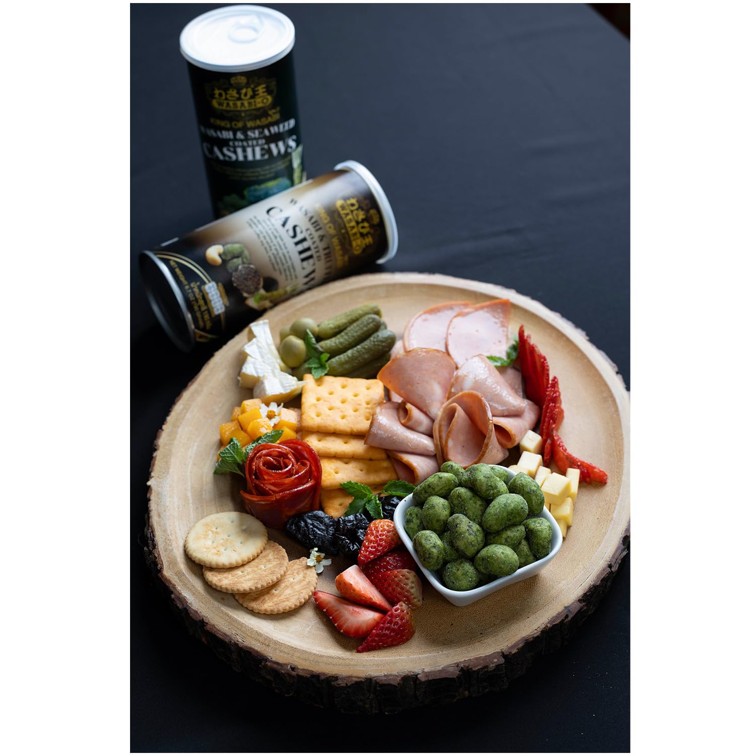 WASABI-O charcuterie-board styling spotlights snack versatility with cheese and meats.
