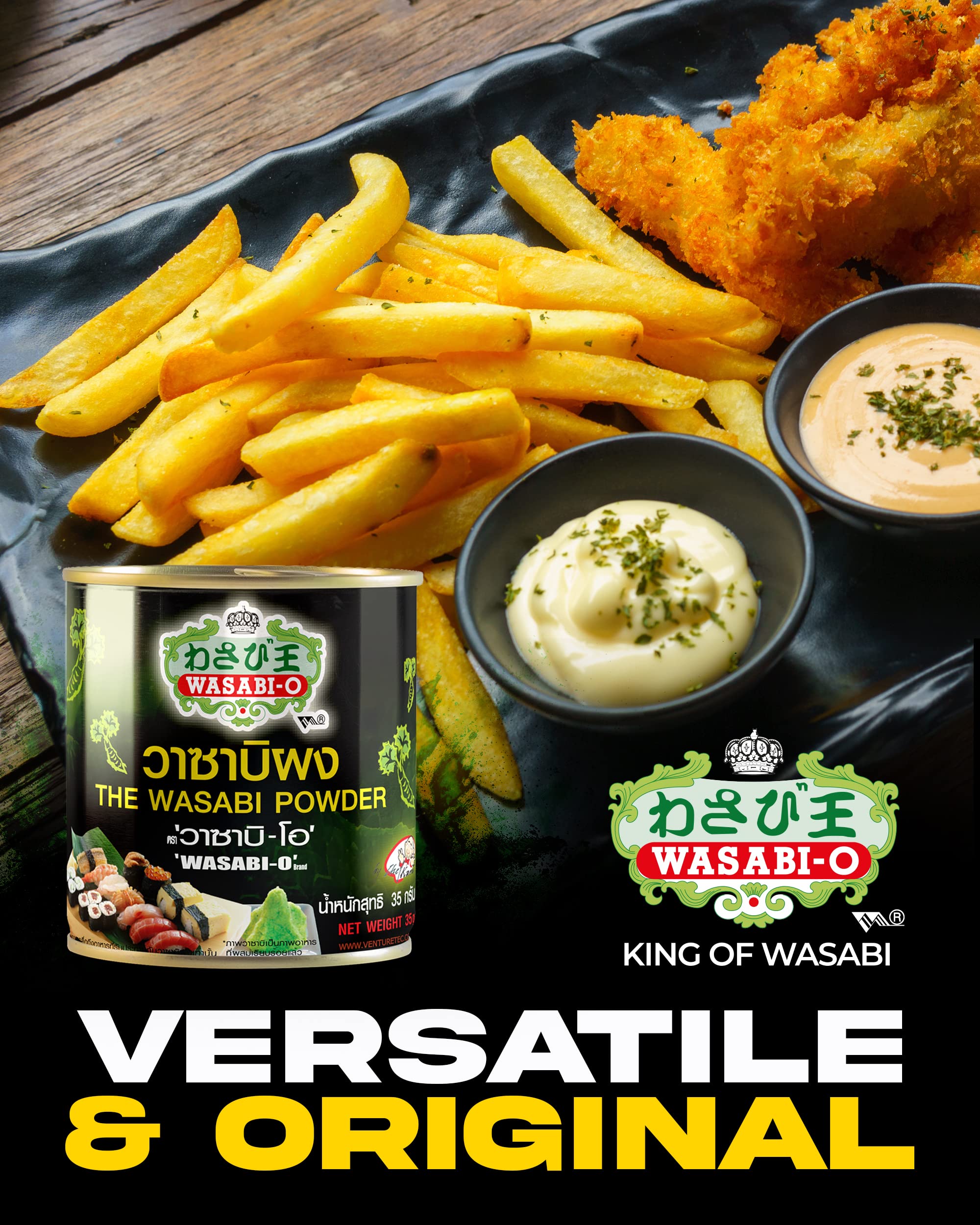Wasabi-O powder texture closeup highlights pure, fine wasabi granules.