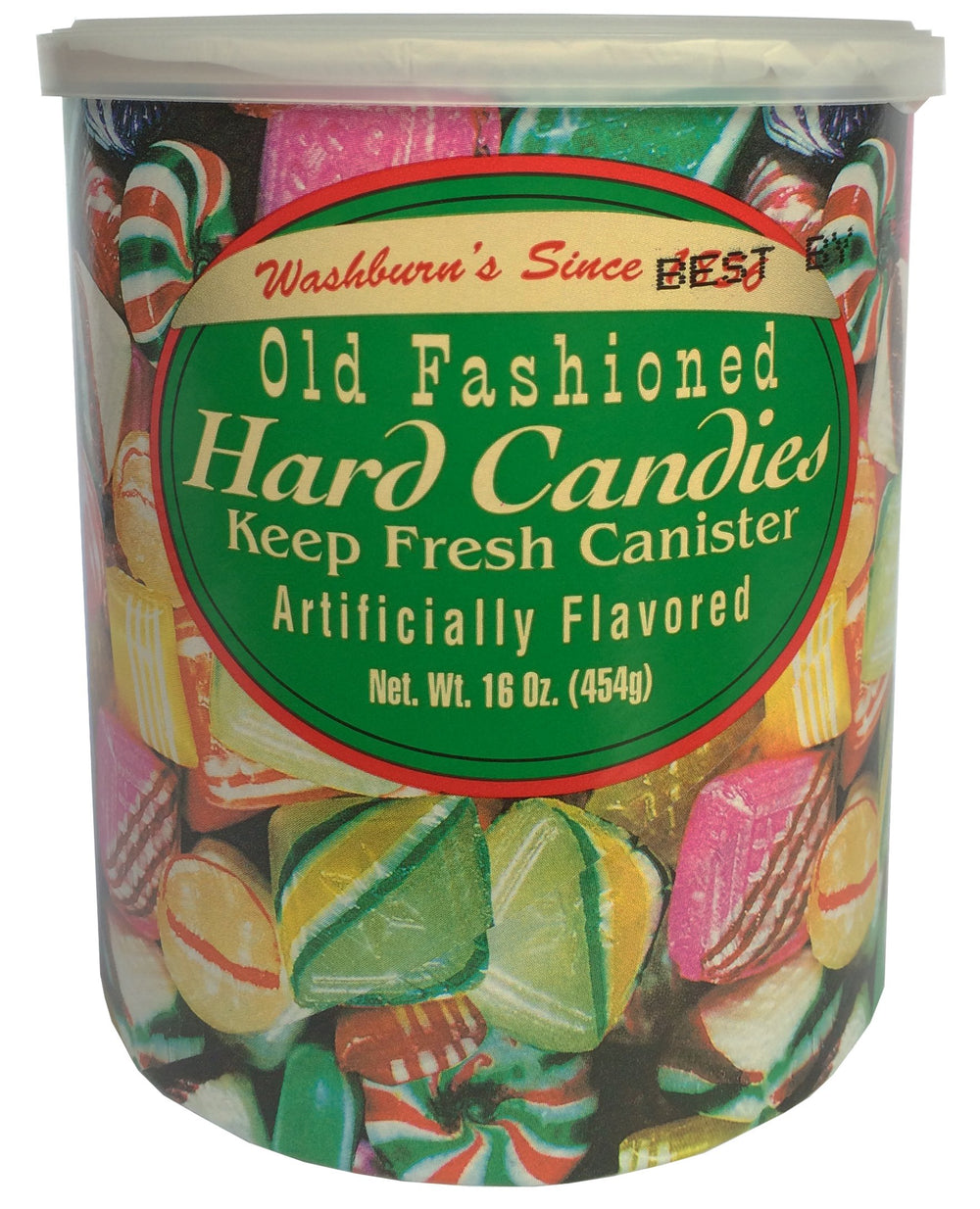 Washburn filled candies canister close-up, showcasing glossy wrappers for party munching.