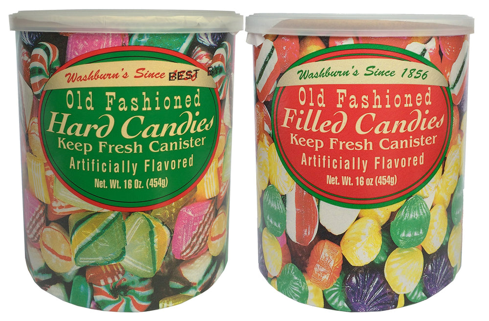 Washburn old-fashioned hard candies canister on table, ideal for sharing.