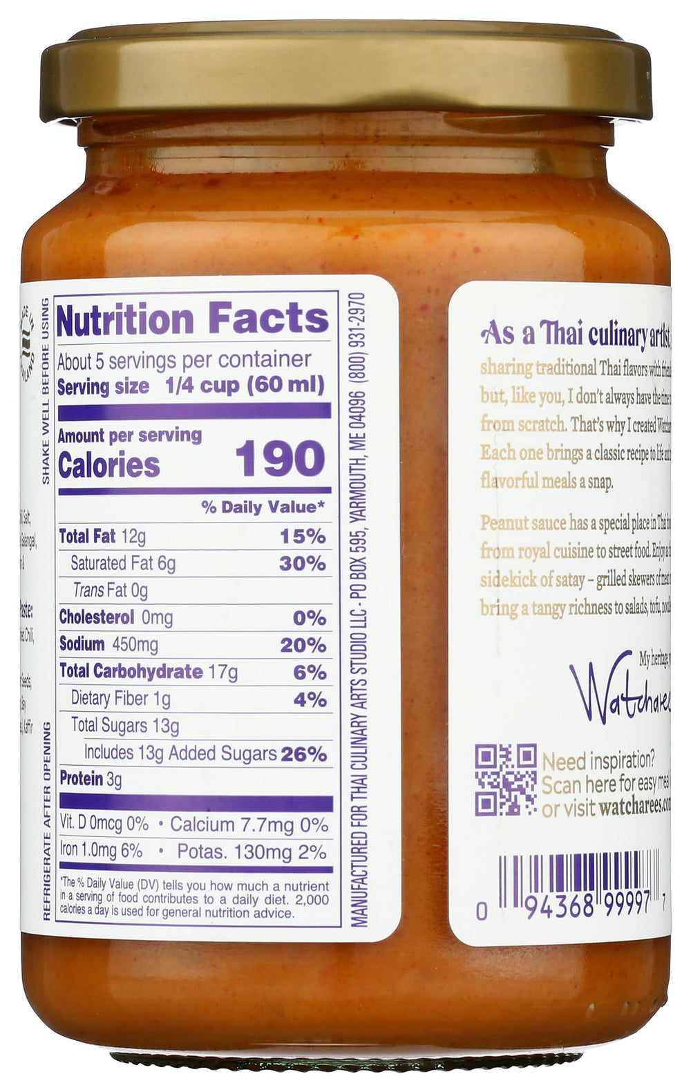Watcharee's Thai Peanut Sauce label closeup emphasizes premium ingredients