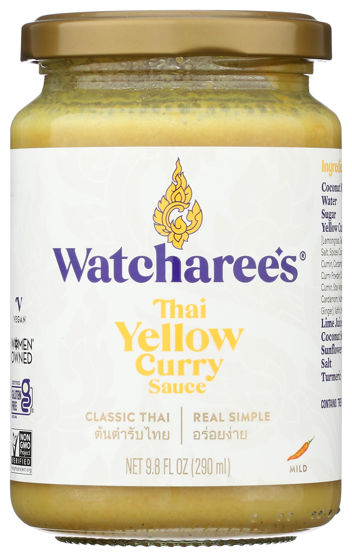 Watcharee's Thai Yellow Curry Sauce jar highlights authentic aroma for quick flavorful meals.