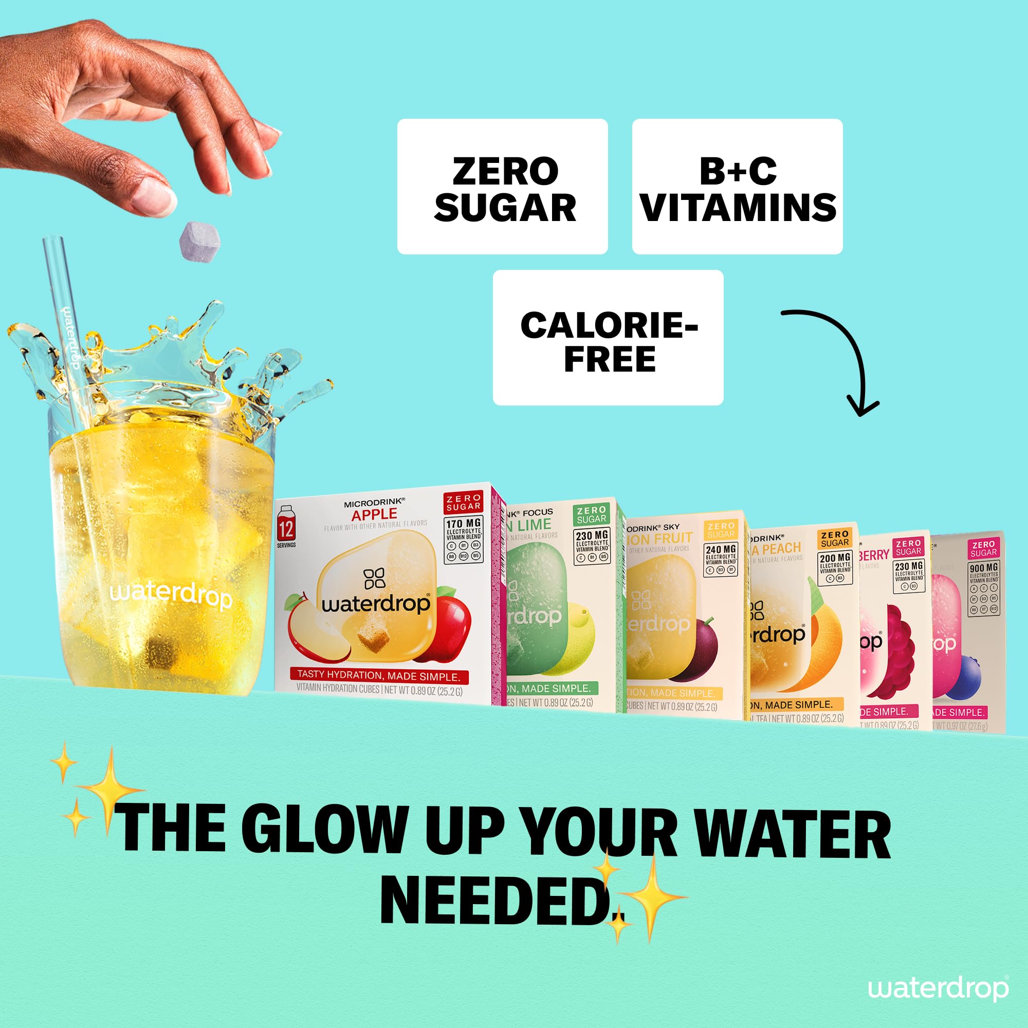Waterdrop Microdrink cubes dissolving into water for effortless hydration.