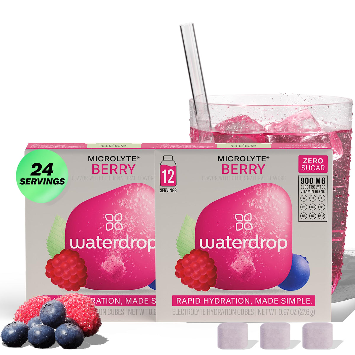 Waterdrop Microlyte Berry cubes dissolving in water for clean hydration.
