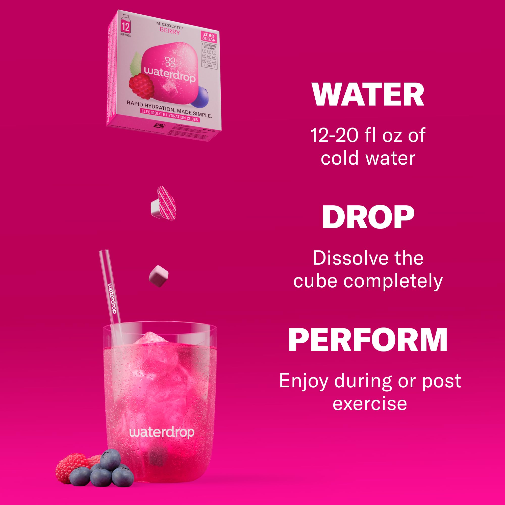 Waterdrop Microlyte Berry cubes vitamin icons highlighting immune support.