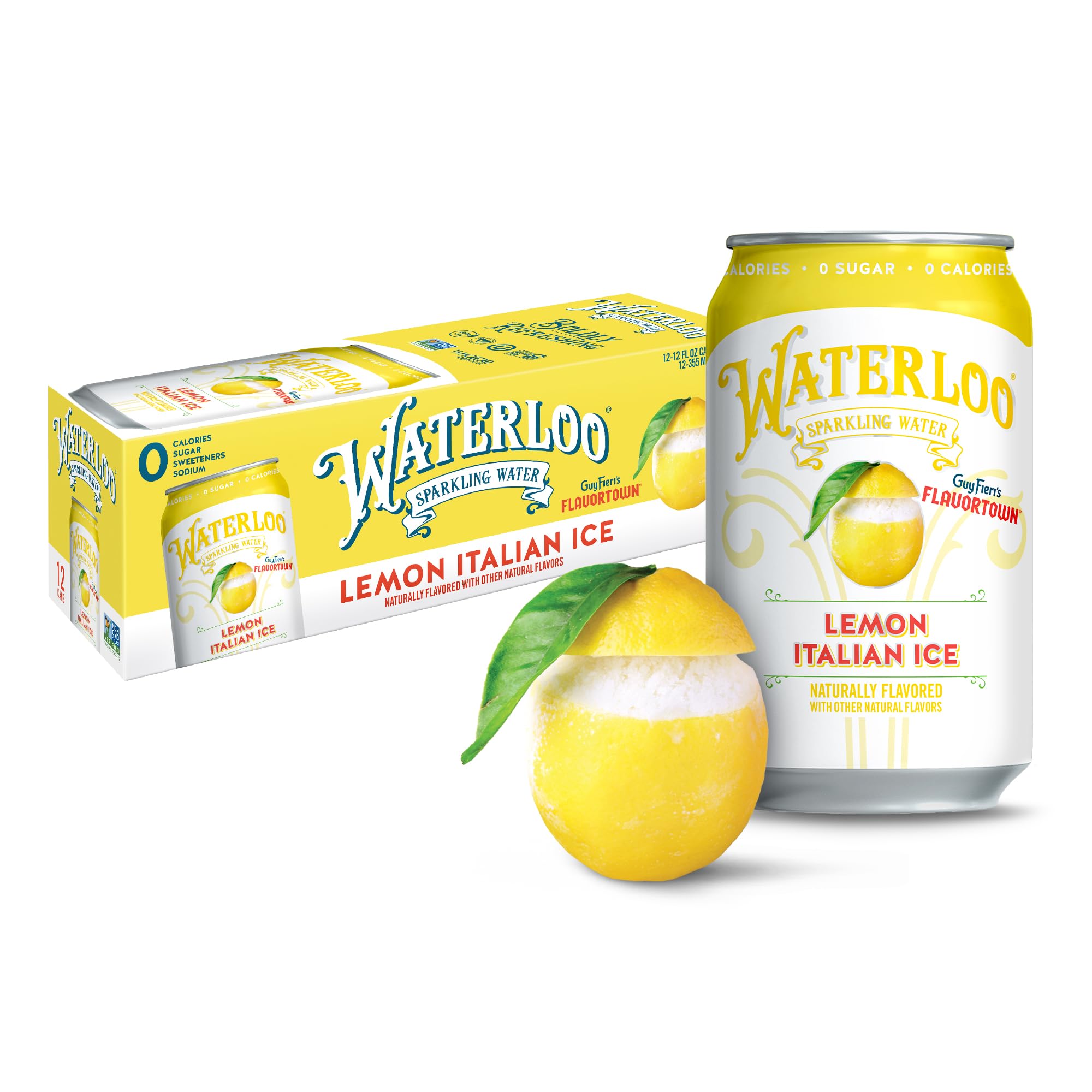 Waterloo Lemon Italian Ice sparkling water can, zero calories for a light, refreshing sip.