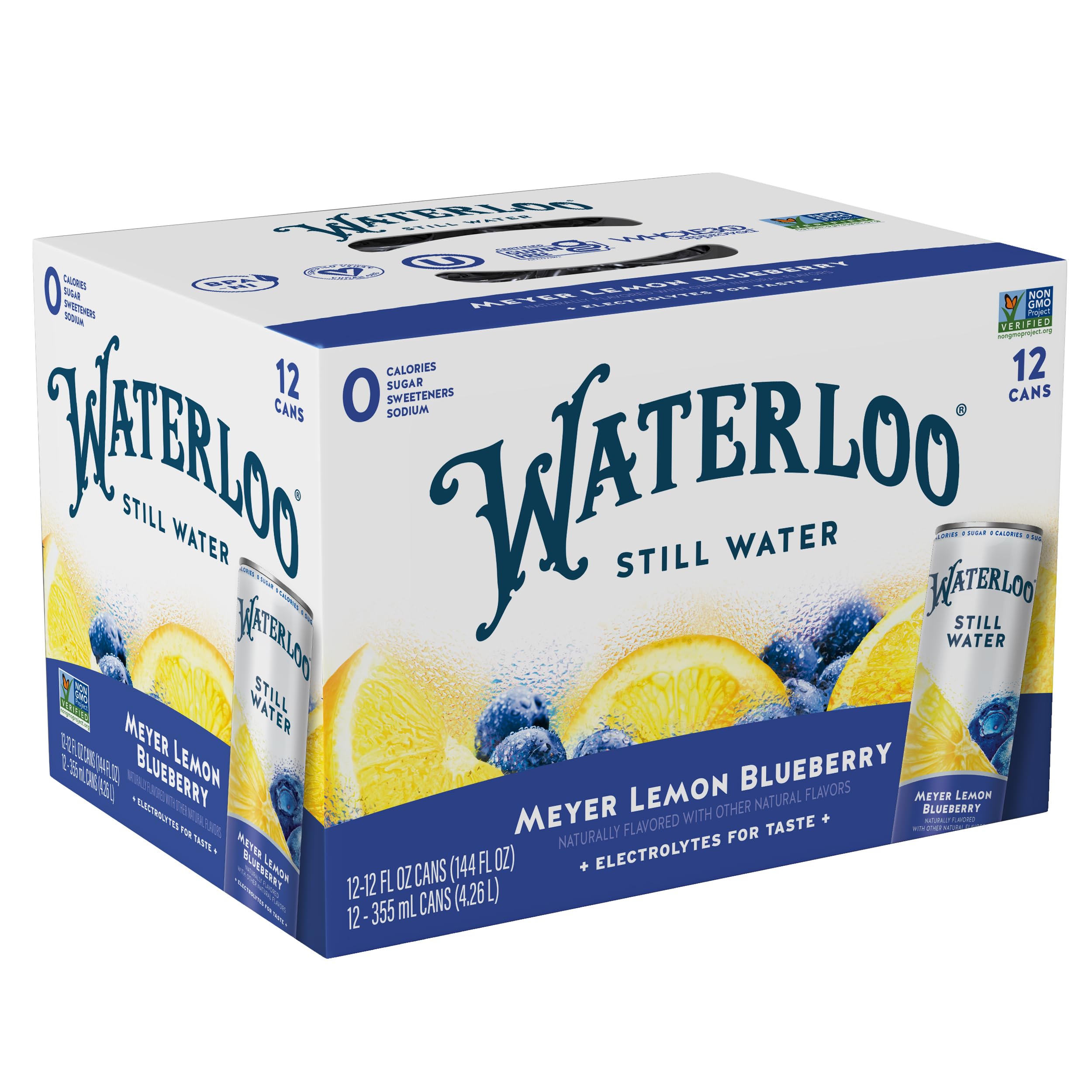 Waterloo Meyer Lemon Blueberry still water can shows refreshing hydration with zero calories