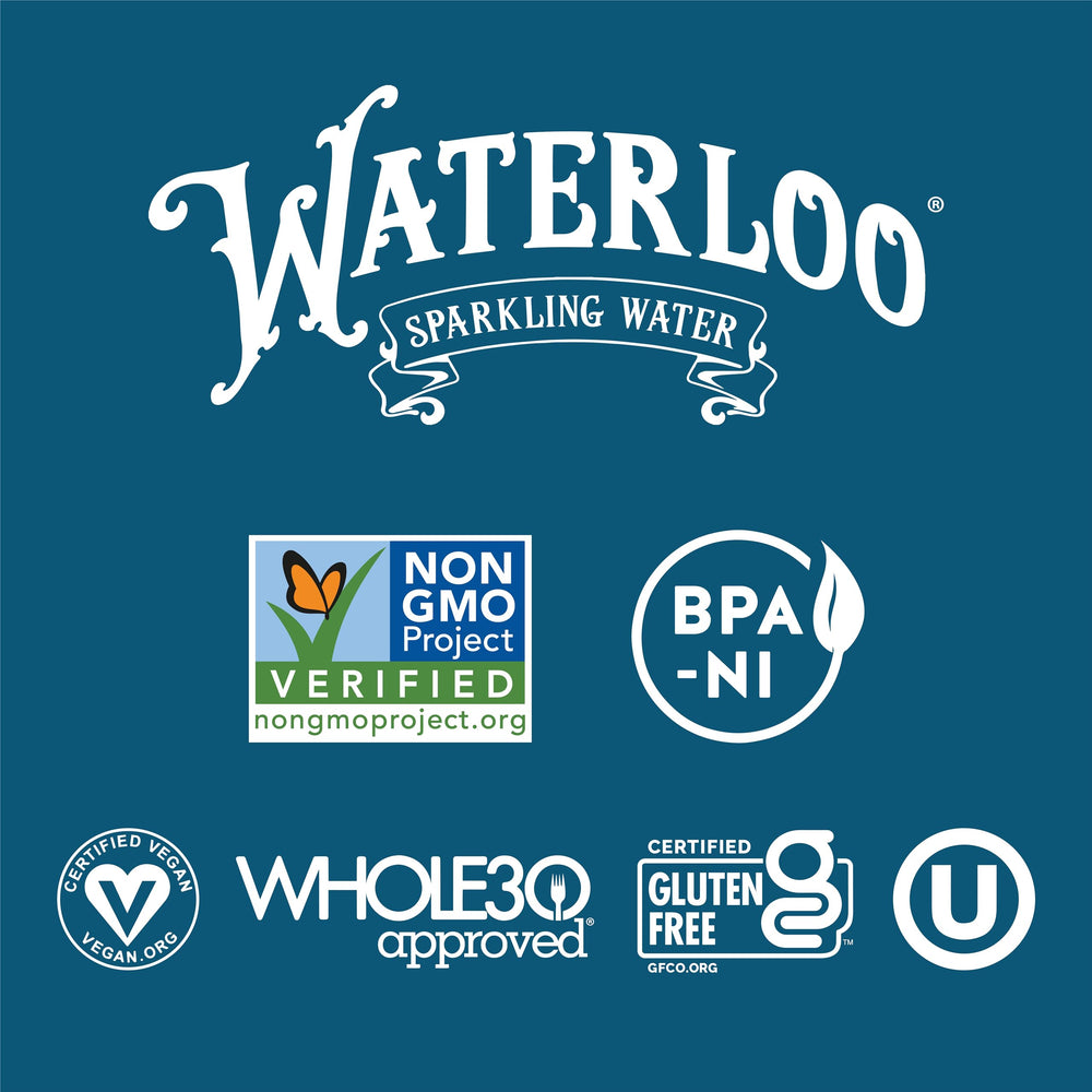 Waterloo Peach label closeup highlights non-GMO flavors and BPA-free packaging
