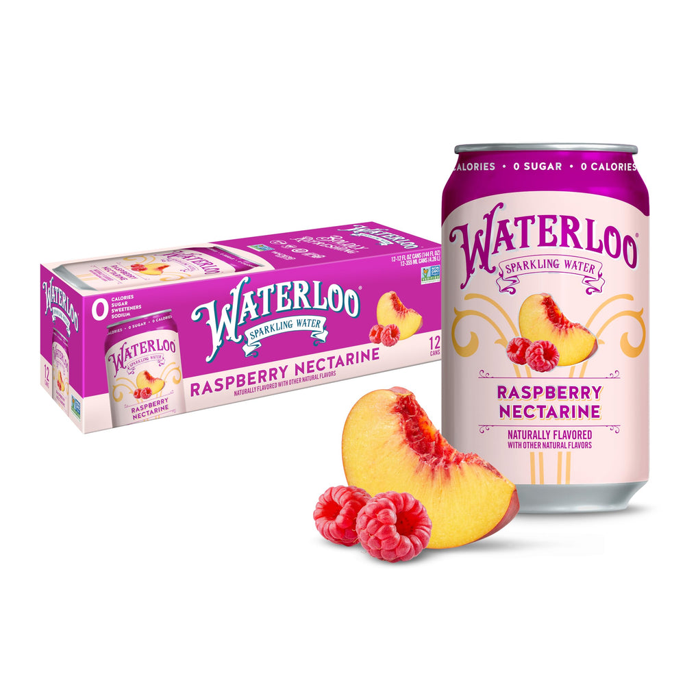 Waterloo Raspberry Nectarine sparkling water bottle showing vibrant flavor and zero calories