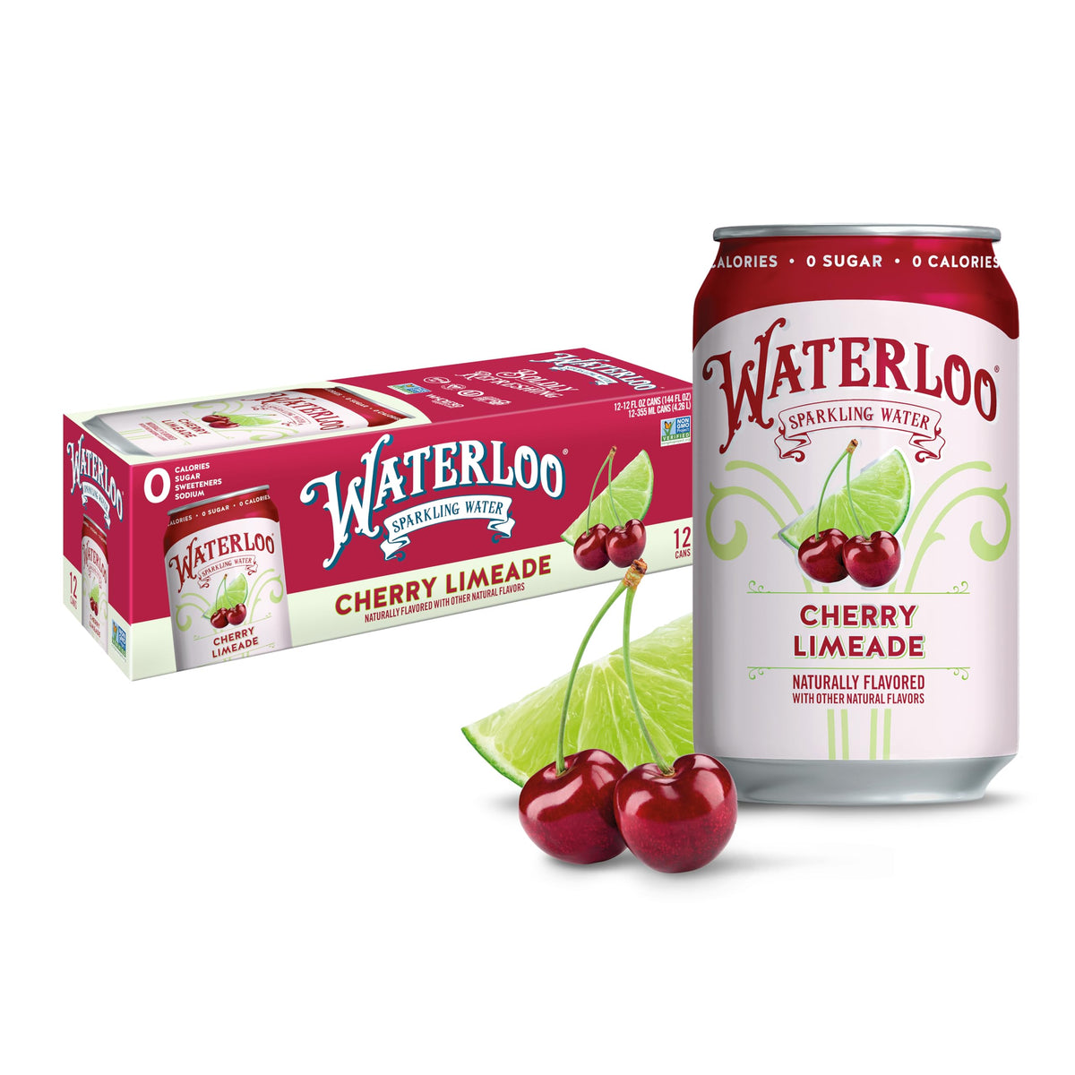 Waterloo Sparkling Water Cherry Limeade can showcasing bold flavor and zero-calorie refreshment
