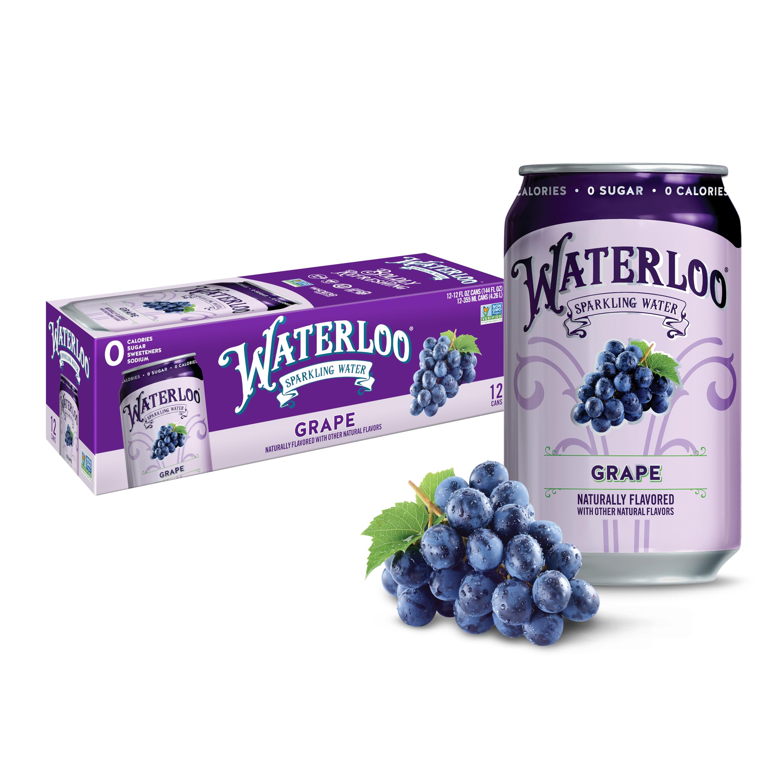 Waterloo Sparkling Water grape can front with bold grape flavor and zero calories