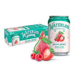 Waterloo Guava Berry can with vibrant bubbles, a refreshing zero-calorie option.