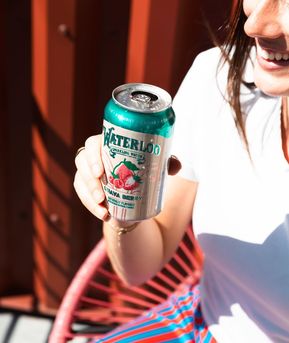 Waterloo Sparkling Water can on shelf, BPA-NI aluminum packaging highlights sustainability.