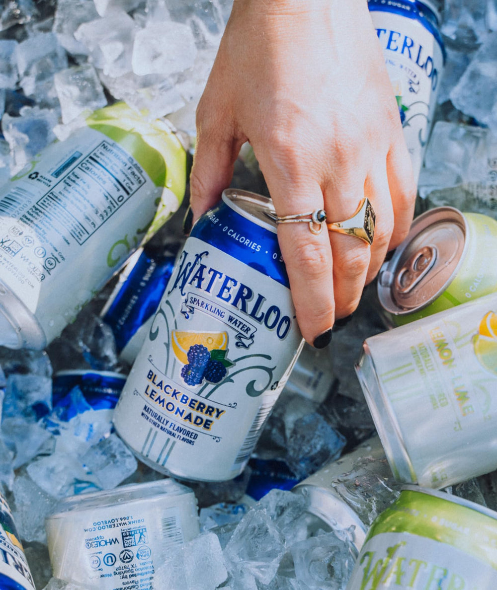 Waterloo Sparkling Water Blackberry Lemonade label highlights zero calories and authentic taste.