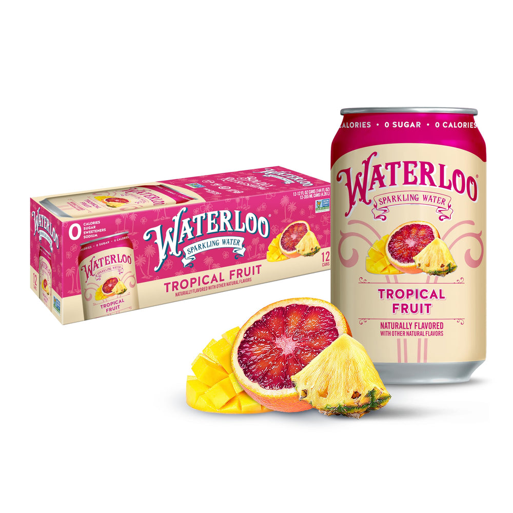 Waterloo Sparkling Water Tropical Fruit can with zero calories offers refreshing flavor.