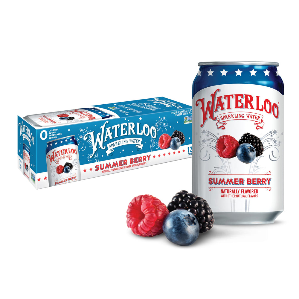 Waterloo Summer Berry can front displaying refreshing zero-calorie beverage option.