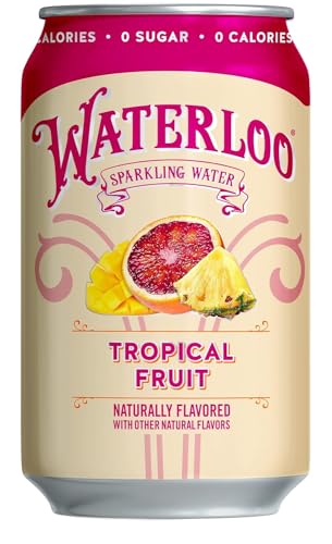 Waterloo Tropical Fruit ingredients closeup shows non-GMO and vegan-friendly formula.