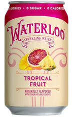 Waterloo Tropical Fruit ingredients closeup shows non-GMO and vegan-friendly formula.