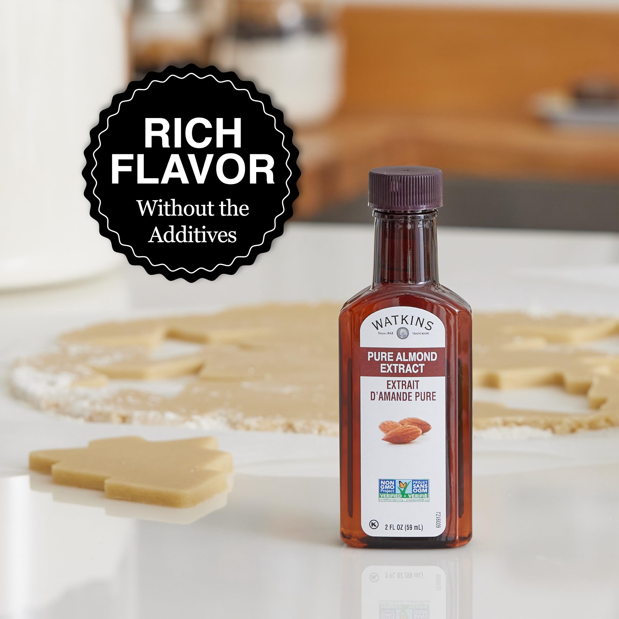 Watkins Almond Extract in a home kitchen setup ready for desserts
