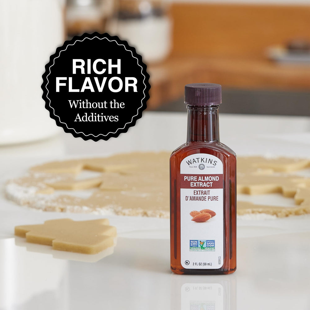 Watkins Almond Extract in a home kitchen setup ready for desserts