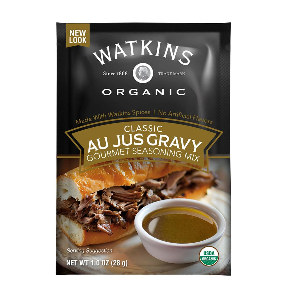 Watkins au jus gravy pouch front view for quick flavor.