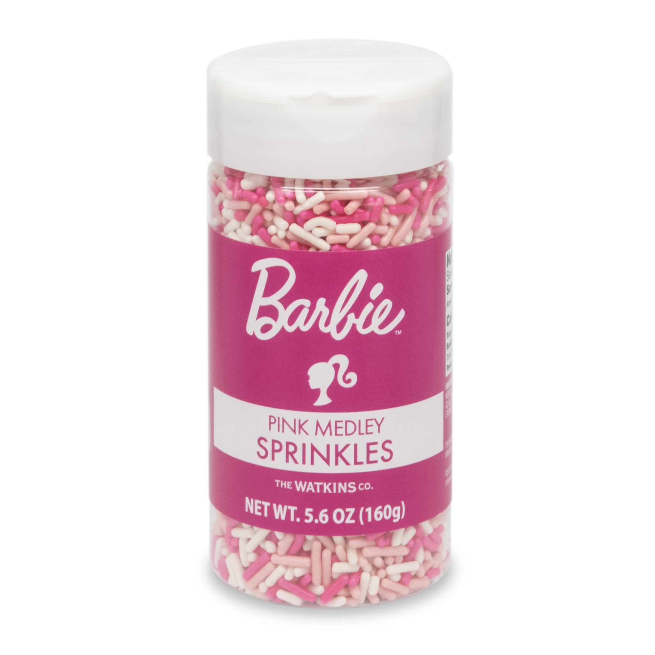 Watkins Barbie Sprinkles Pink Medley jar shows bright colors for fun decorating.