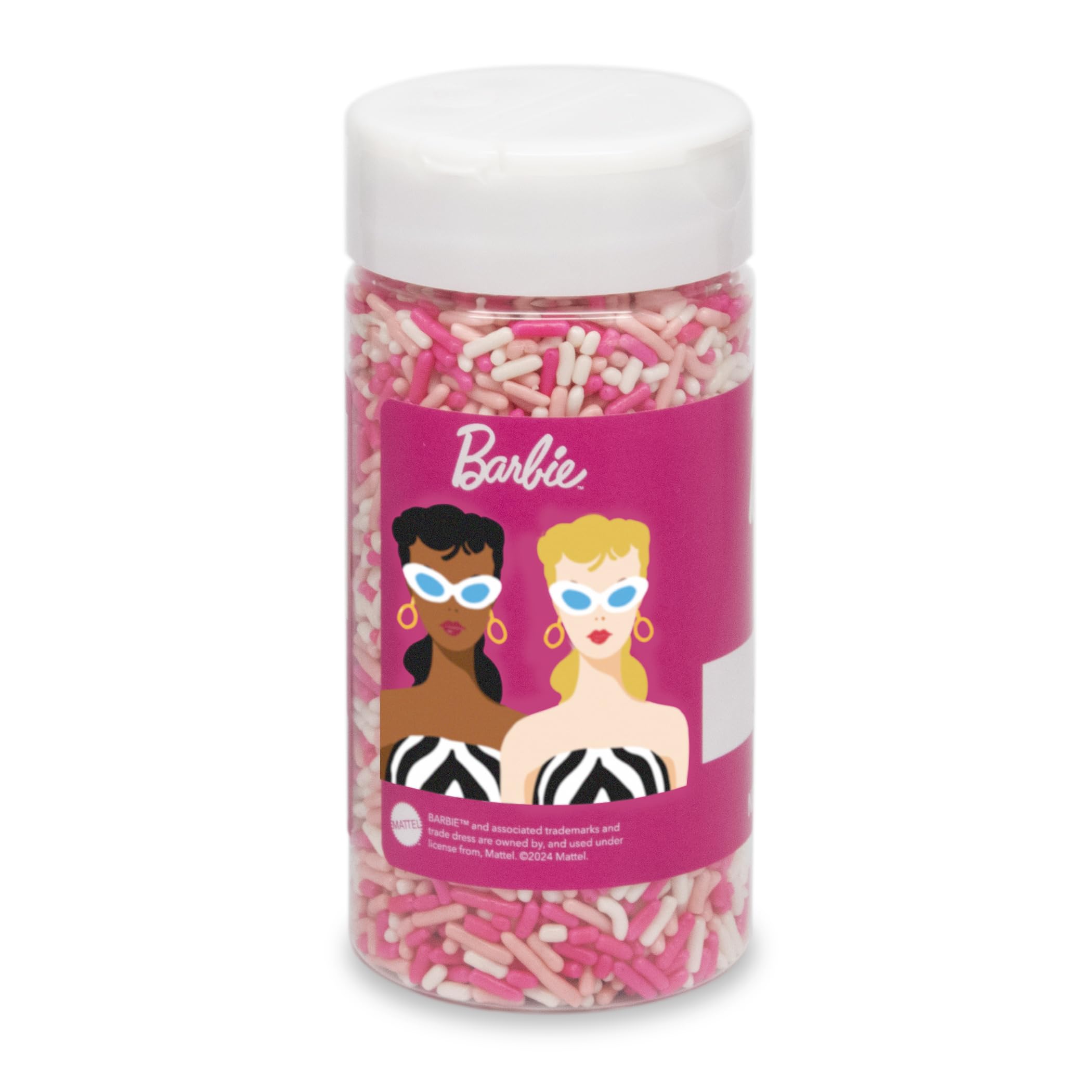 Watkins Barbie Sprinkles Pink Medley on cupcakes enhances party visuals.